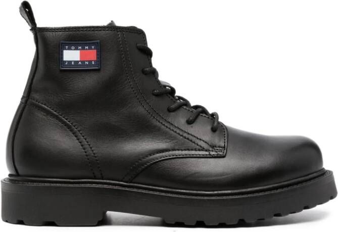 Tommy Jeans logo-patch lace-up leather boots Black