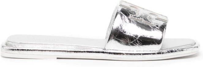 Tory Burch Double T leather slides Silver