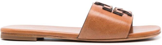 Tory Burch embossed-logo leather slides Brown