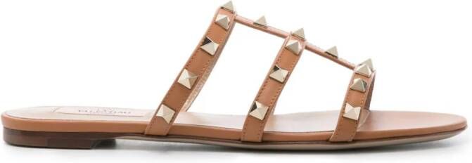 Valentino Garavani Rockstud flat leather sandals Brown
