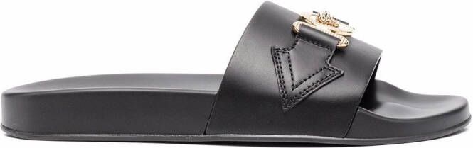 Versace logo-plaque leather sliders Black