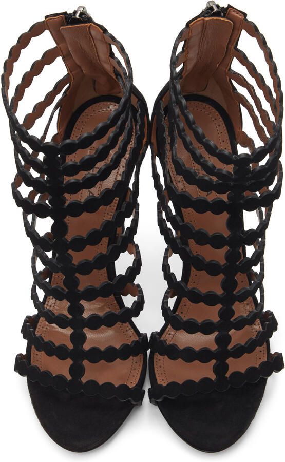 ALAÏA Black Suede Cage Heeled Sandals - Picture 4