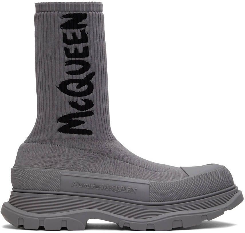 Alexander McQueen Gray Graffiti Tread Slick High-Top Sneakers - Picture 5