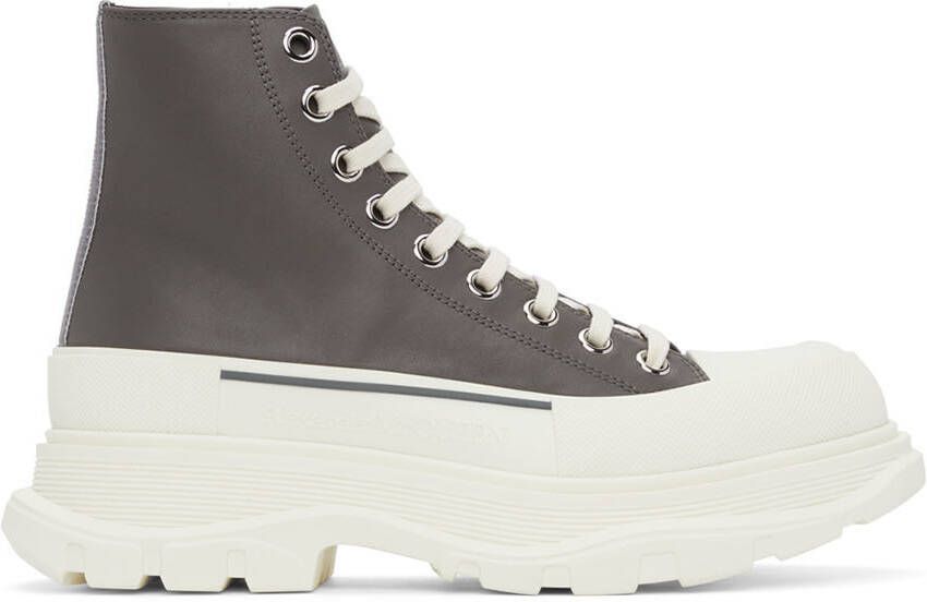 Alexander McQueen Grey Leather Tread Slick High Sneakers - Picture 5