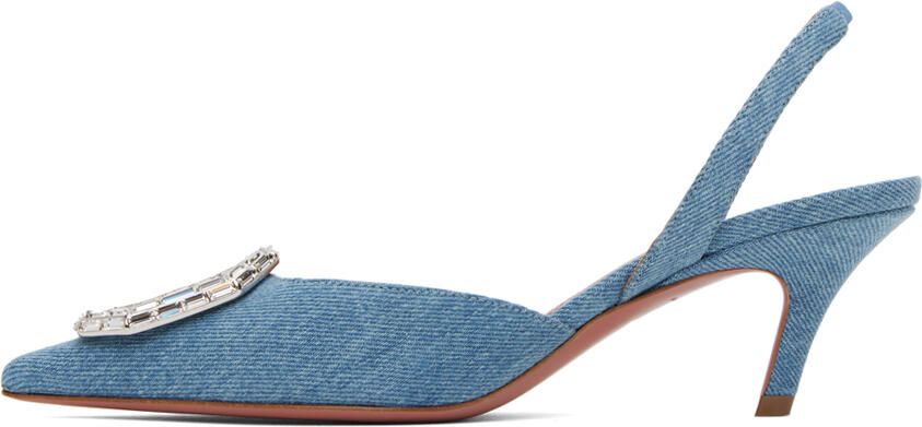 Amina Muaddi Blue Camelia Denim Heels - Picture 3