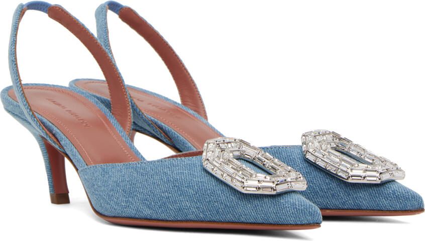 Amina Muaddi Blue Camelia Denim Heels - Picture 2