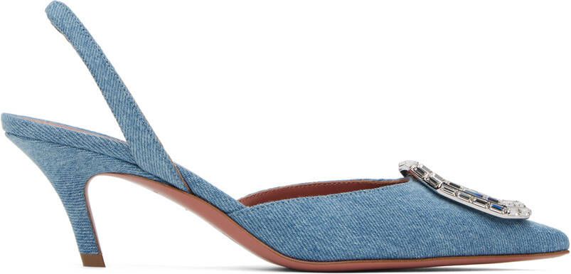 Amina Muaddi Blue Camelia Denim Heels - Picture 5