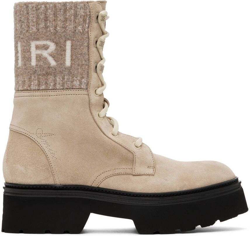 AMIRI Tan Knit Logo Collar Combat Boots - Picture 5