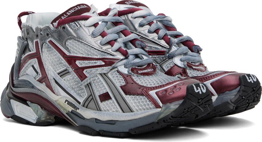 Balenciaga White & Burgundy Runner Sneakers - Picture 2