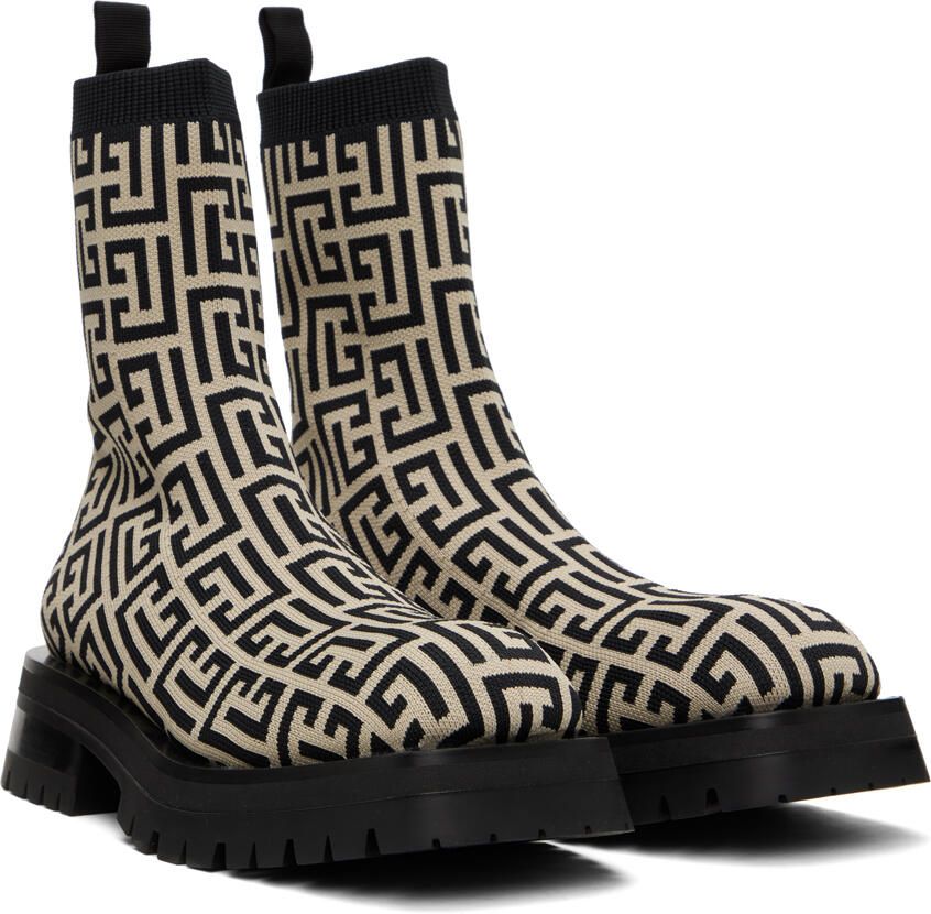 Balmain Black & Beige Monogram Boots