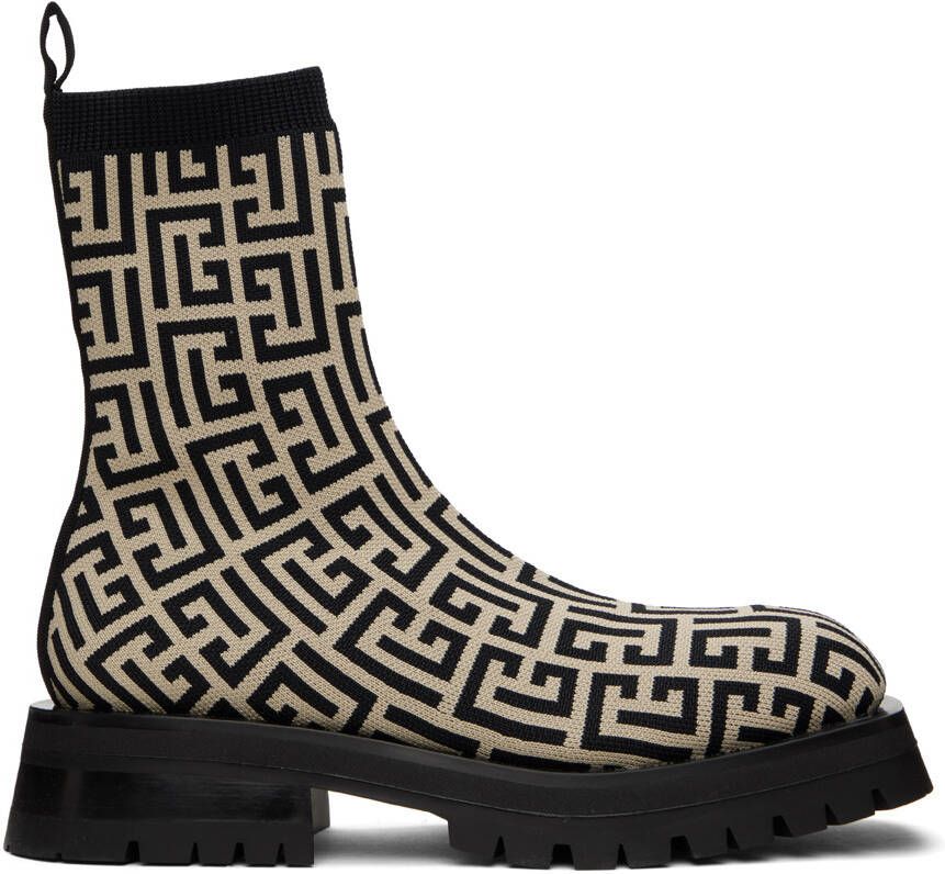 Balmain Black & Beige Monogram Boots - Picture 5