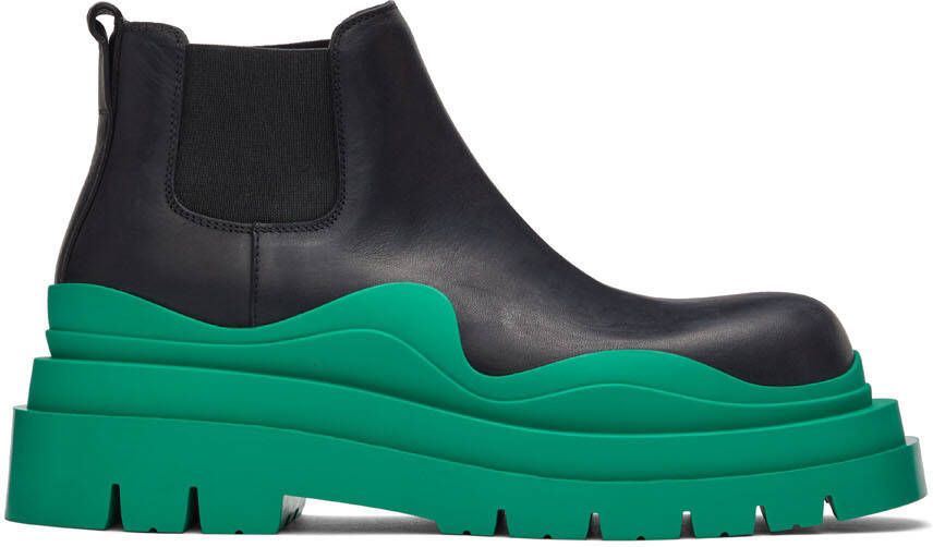 Bottega Veneta Black & Green Tire Chelsea Boots - Picture 5