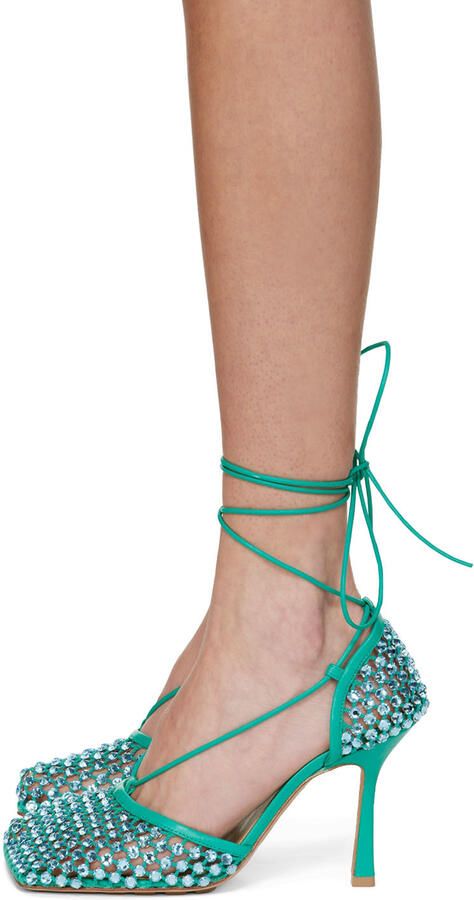 Bottega Veneta Green Sparkle Stretch Web Heels - Picture 2