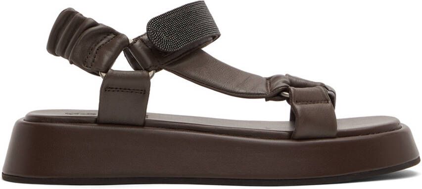 Brunello Cucinelli Brown Leather Crystal Velcro Sandals - Picture 5