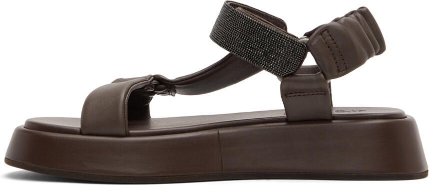 Brunello Cucinelli Brown Leather Crystal Velcro Sandals - Picture 3