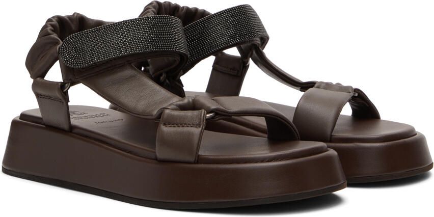 Brunello Cucinelli Brown Leather Crystal Velcro Sandals - Picture 2