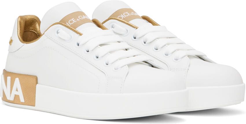Dolce & Gabbana White & Gold Portofino Low Sneakers - Picture 3