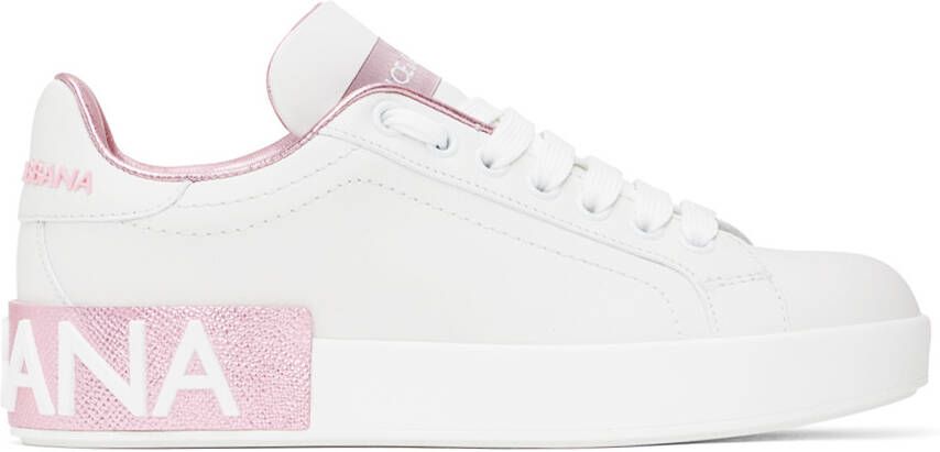 Dolce & Gabbana White & Pink Portofino Low Sneakers - Picture 8