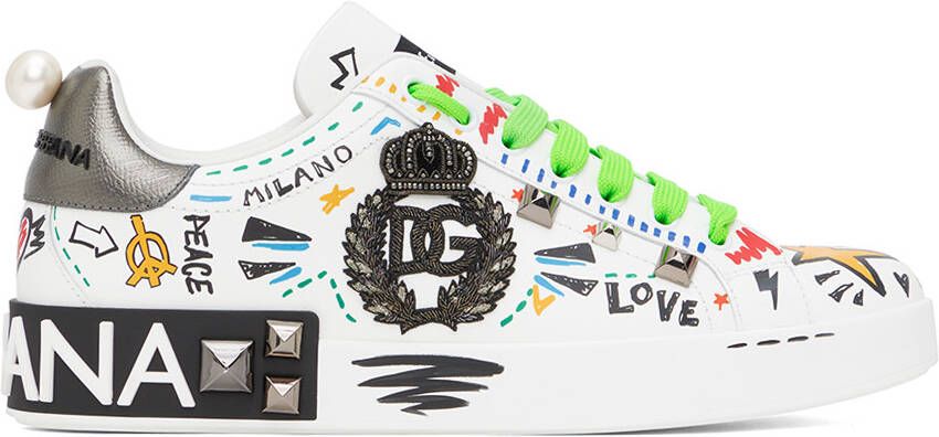 Dolce & Gabbana White Embroidery & Studs Portofino Sneakers - Picture 5