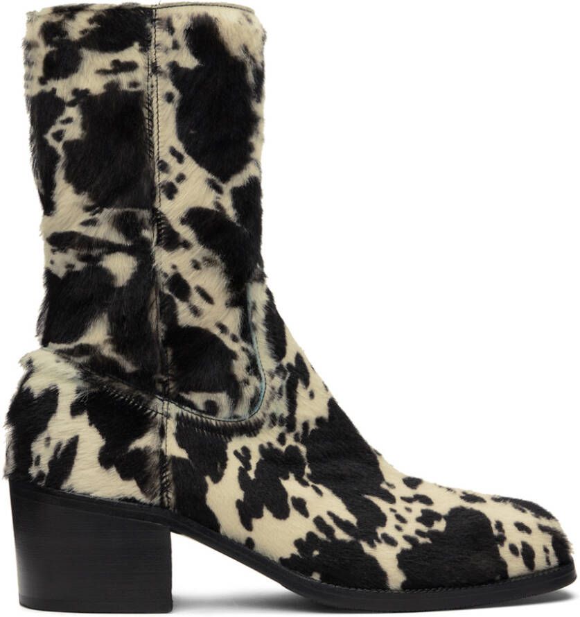 Dries Van Noten Black & White Cow Print Zip Up Boots - Picture 5