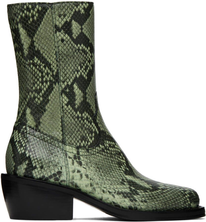 Dries Van Noten Green Snakeprint Boots