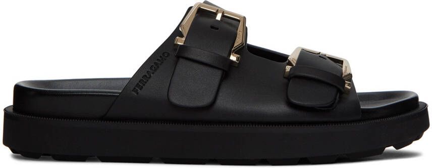 Ferragamo Black Double-Strap Slides - Picture 4