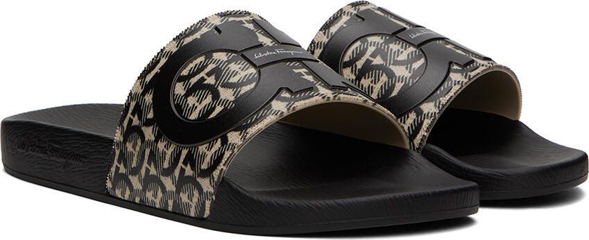 Ferragamo Beige & Black Gancini Slides - Picture 2