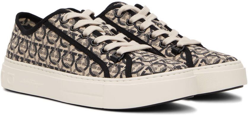 Salvatore Ferragamo Beige & Black Gancini Sneakers - Picture 2