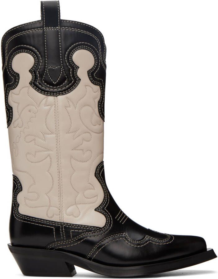 GANNI Black & Off-White Embroidered Western Mid-Calf Boots - Picture 5