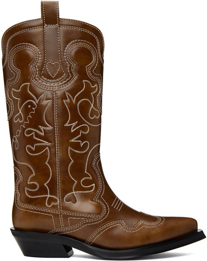 GANNI Brown Embroidered Western Boots - Picture 5
