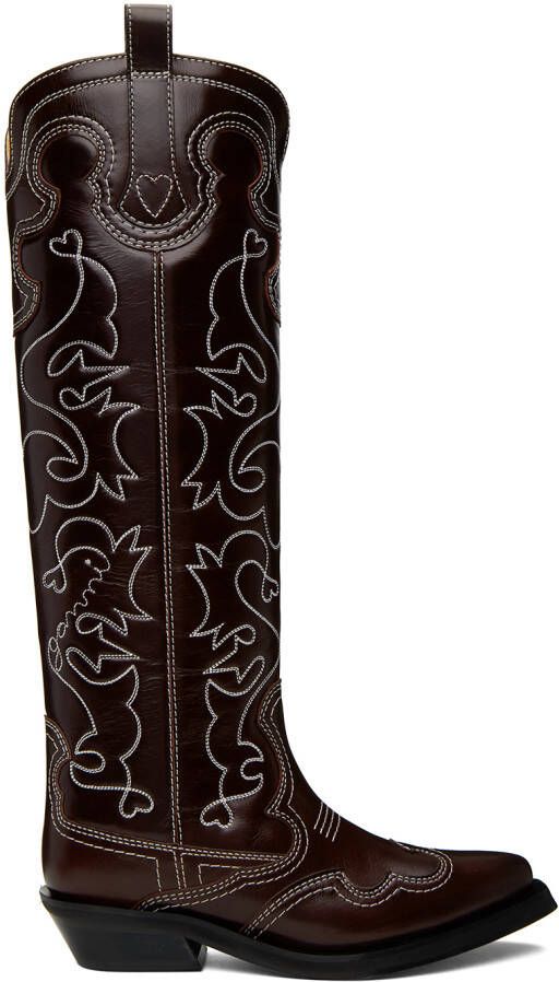 GANNI Burgundy Embroidered Western Boots - Picture 5