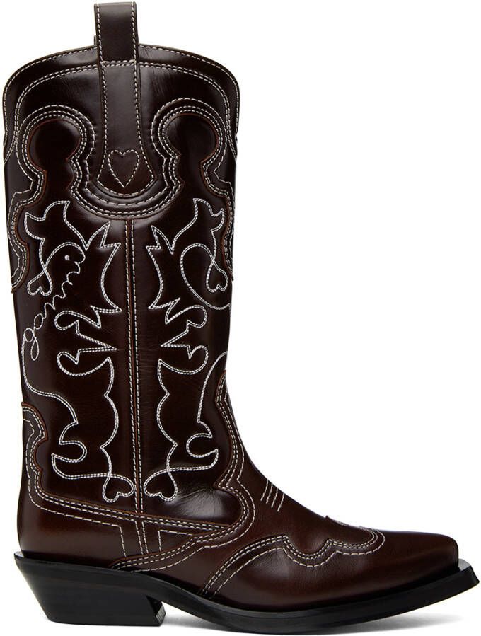 GANNI Burgundy Embroidered Western Boots - Picture 5