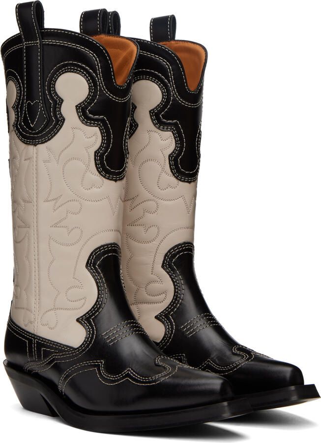 GANNI Black & Off-White Embroidered Western Mid-Calf Boots - Picture 2
