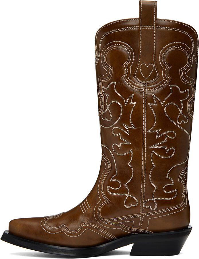 GANNI Brown Embroidered Western Boots