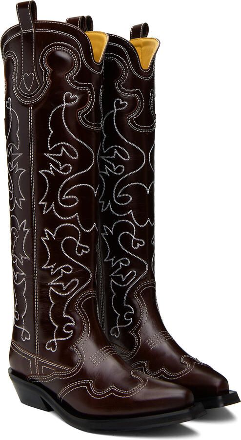 GANNI Burgundy Embroidered Western Boots - Picture 2