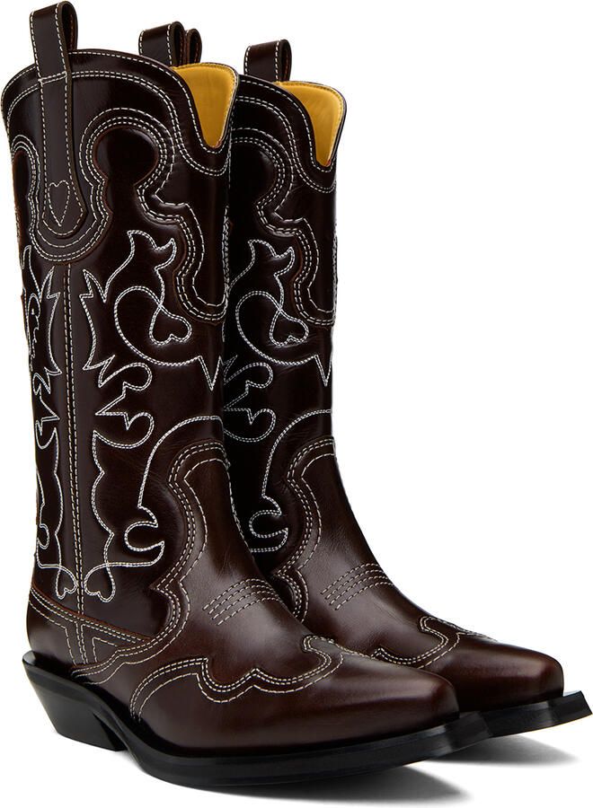 GANNI Burgundy Embroidered Western Boots - Picture 2
