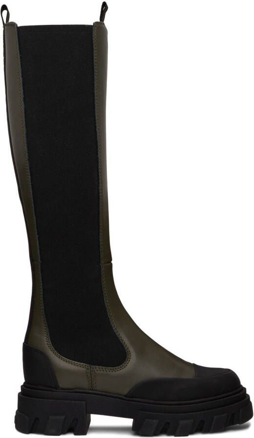 GANNI Khaki & Black Cleated High Chelsea Boots - Picture 2