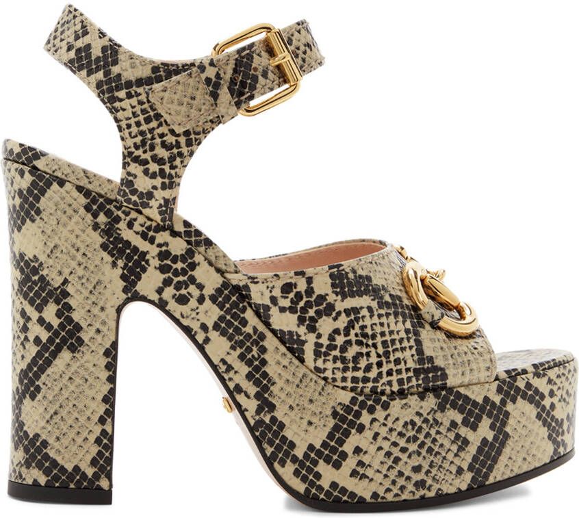 Gucci Beige & Brown Python Horsebit Heeled Sandals - Picture 5