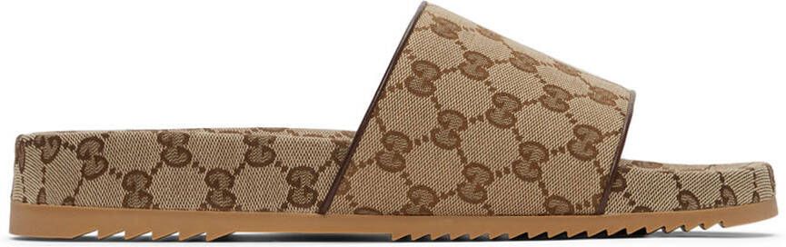 Gucci Beige Canvas GG Slide Sandals - Picture 5