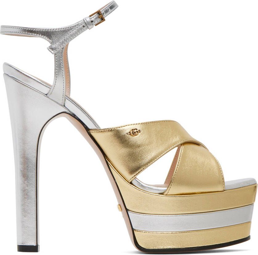 Gucci Gold & Silver Platform Heeled Sandals - Picture 5