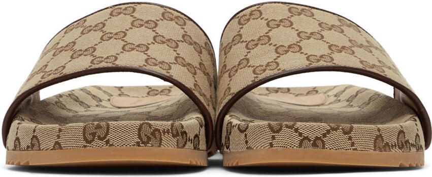 Gucci Beige Canvas GG Slide Sandals - Picture 3