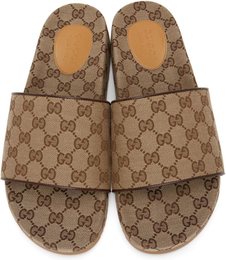 Gucci Beige Canvas GG Slide Sandals