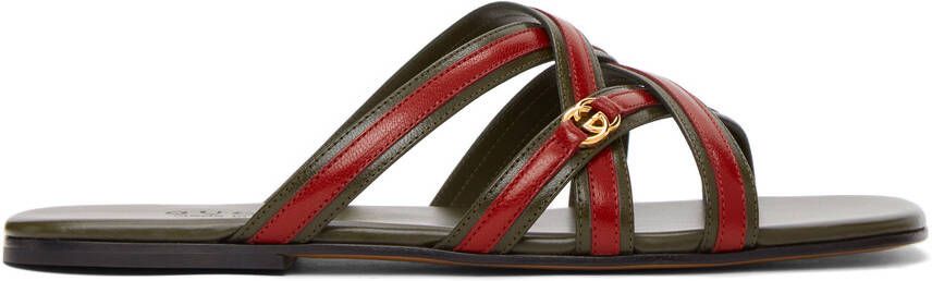 Gucci Khaki & Red Interlocking G Sandals - Picture 5