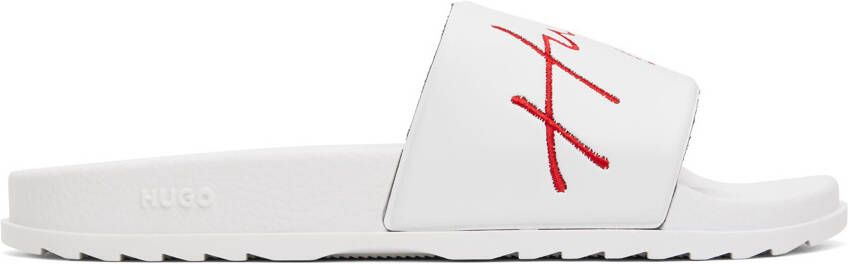 Hugo White Embroidered Logo Slides