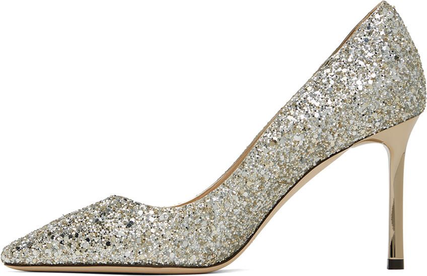 Jimmy Choo Silver Coarse Glitter Romy 85 Heels - Picture 4