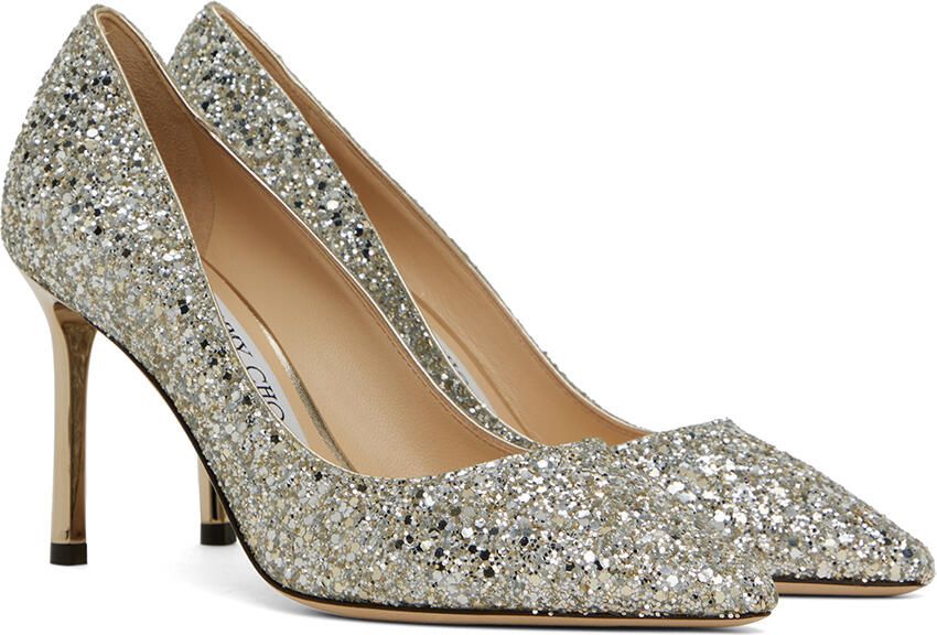 Jimmy Choo Silver Coarse Glitter Romy 85 Heels - Picture 2