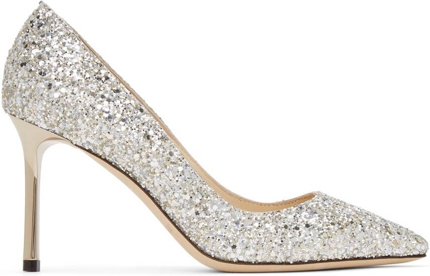Jimmy Choo Silver Coarse Glitter Romy 85 Heels - Picture 5