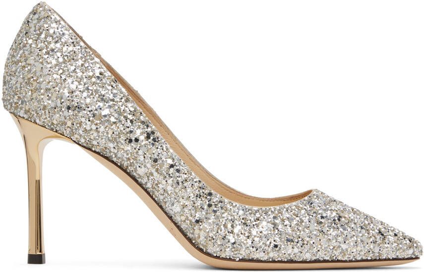 Jimmy Choo Silver Coarse Glitter Romy 85 Heels - Picture 3