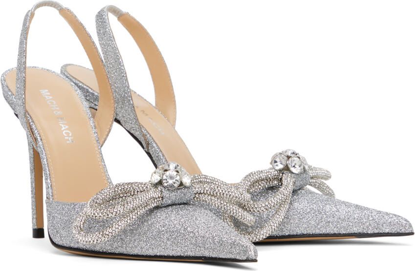 MACH & MACH Silver Double Bow Glitter 110 Heels - Picture 2