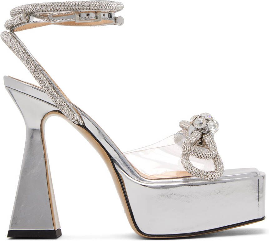 MACH & MACH Silver Double Bow Platform Heeled Sandals - Picture 5